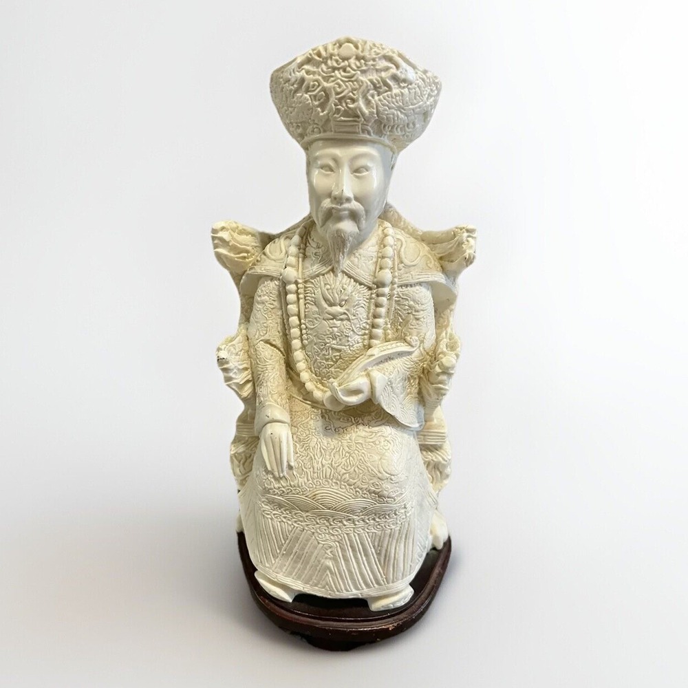 Vintage Chinese Emperor 12" Carved Resin Figure & Wood Base